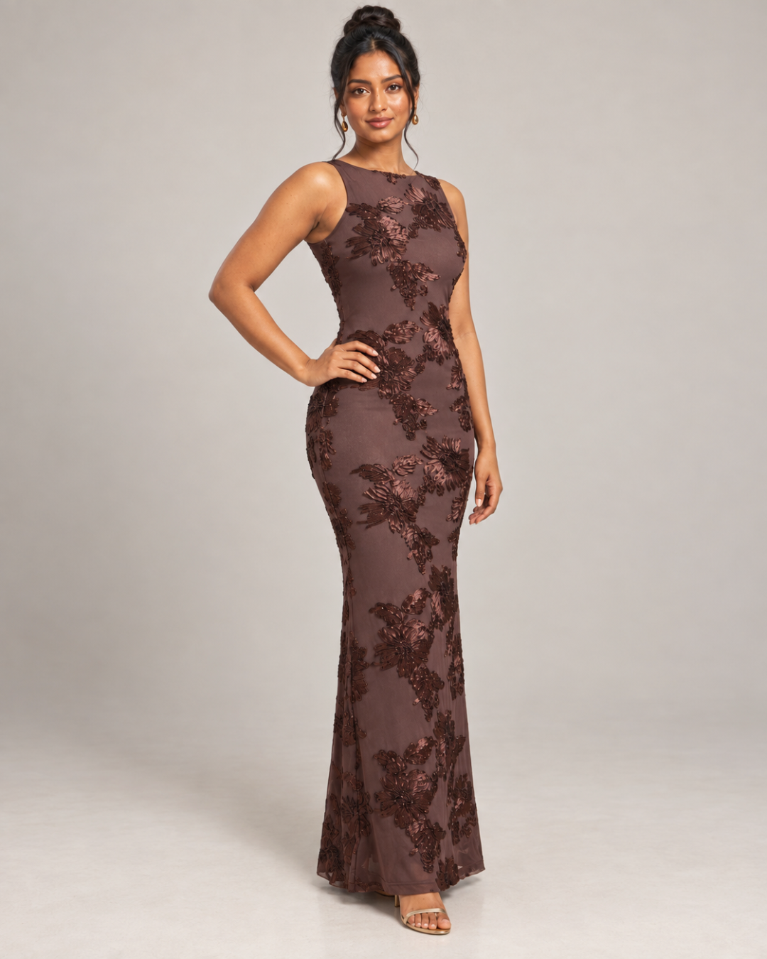 Sahara Petal High-Neck Appliqué Maxi Dress
