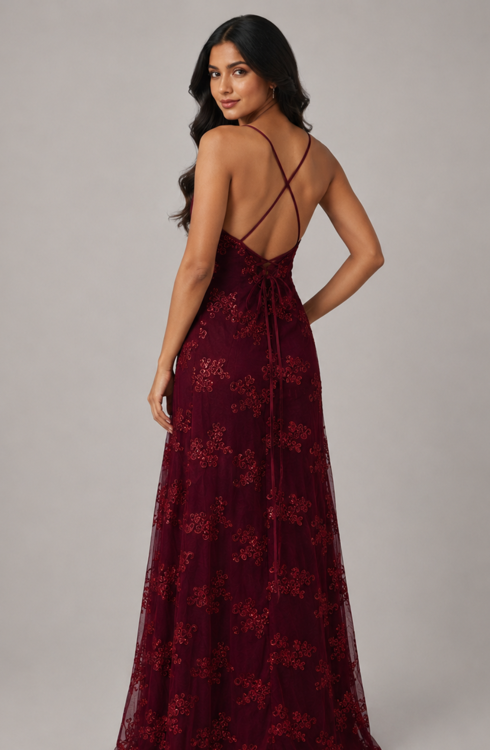 Sasha Lace-Embellished Evening Maxi Dress