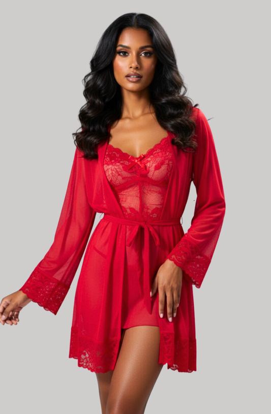 Scarlet Serenade Lace Robe Set