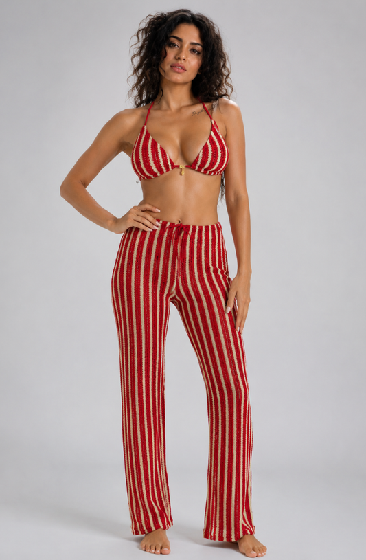 Talia Stripe Crochet Bikini & Beach Pants Set