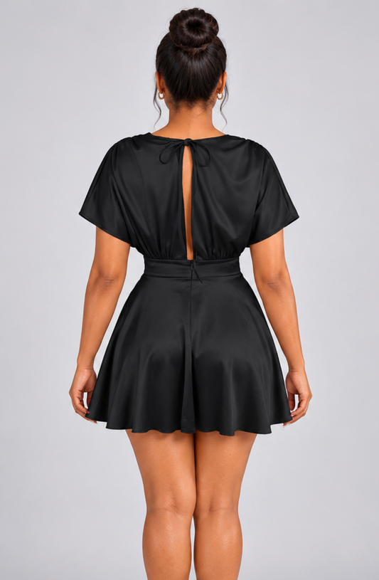 The Solène Draped Flare Mini Dress - Black