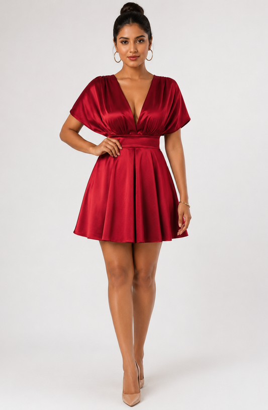 The Solène Draped Flare Mini Dress - Wine Red