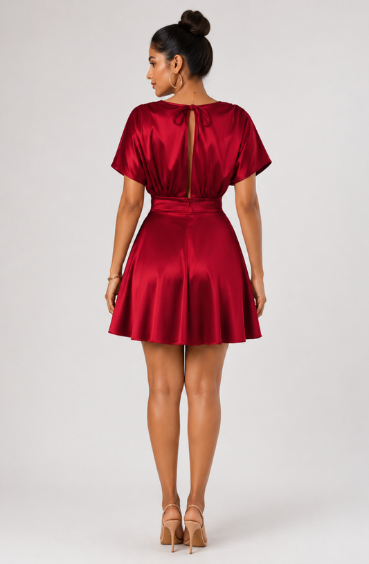 The Solène Draped Flare Mini Dress - Wine Red