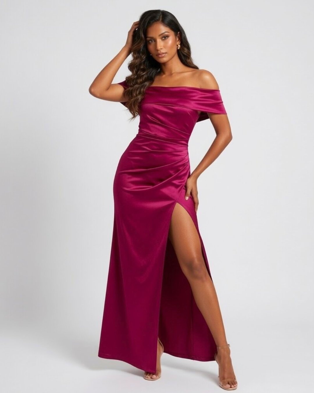 The Aarya Satin Off-Shoulder Dress