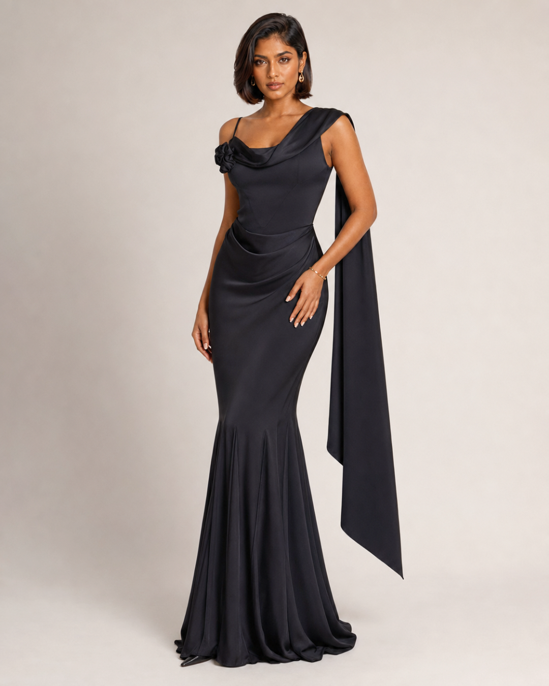 The Isabeau Draped Mermaid Gown - Black