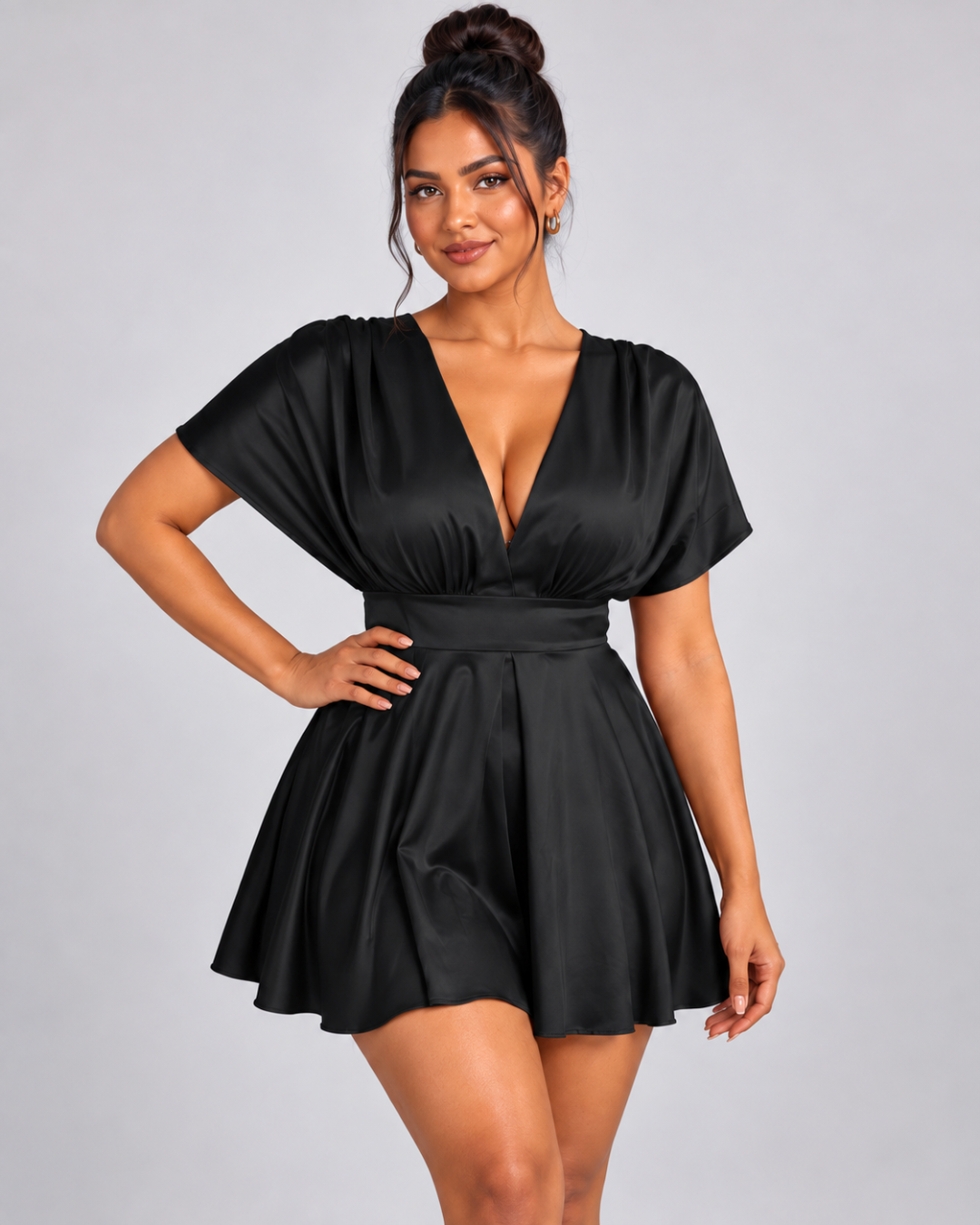 The Solène Draped Flare Mini Dress - Black