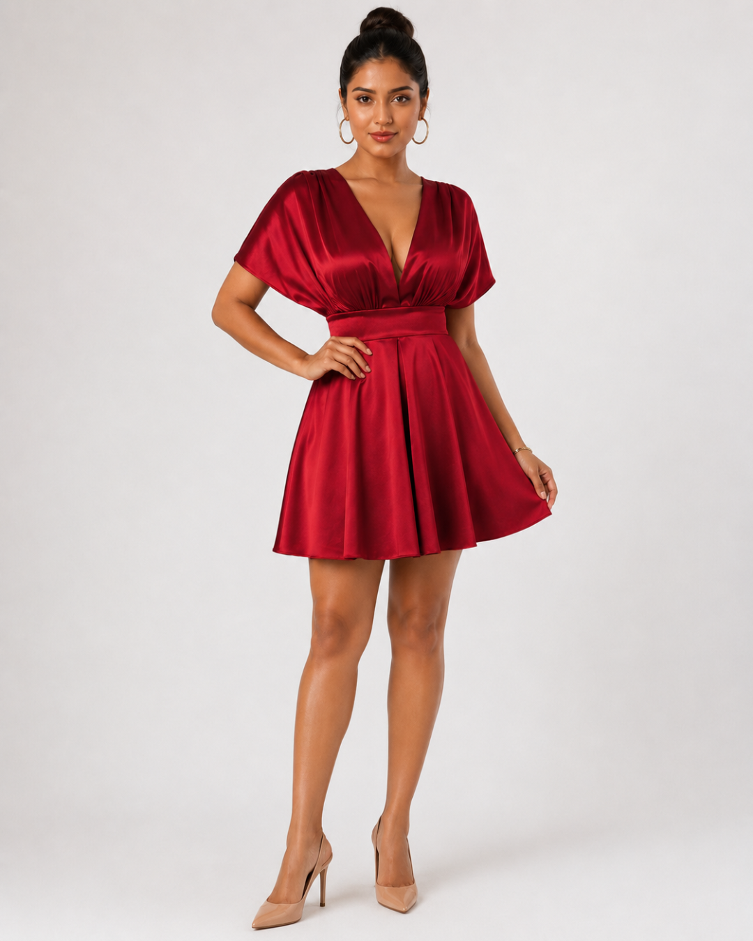 The Solène Draped Flare Mini Dress - Wine Red