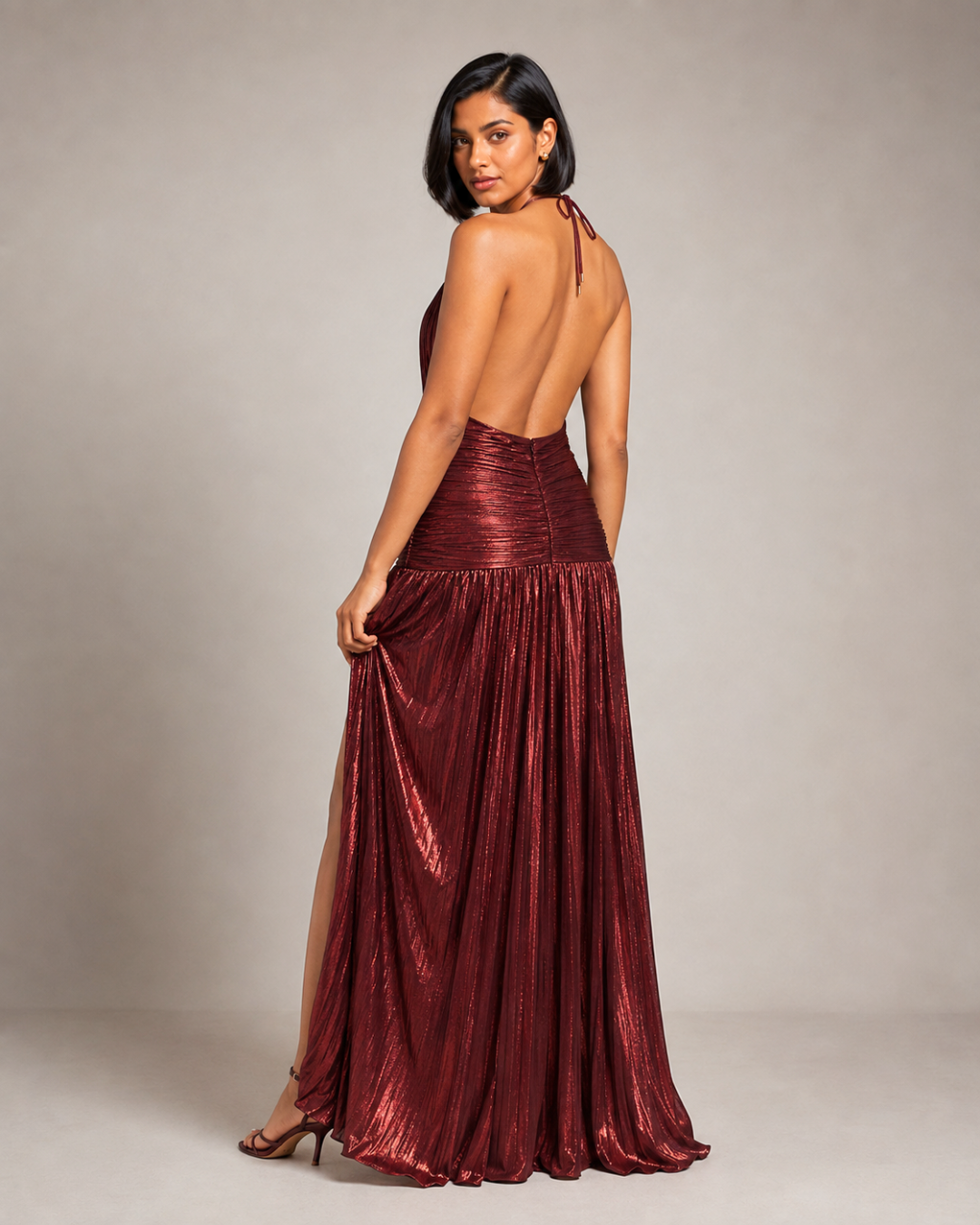 The Verona Pleated Halter Gown - Wine Red