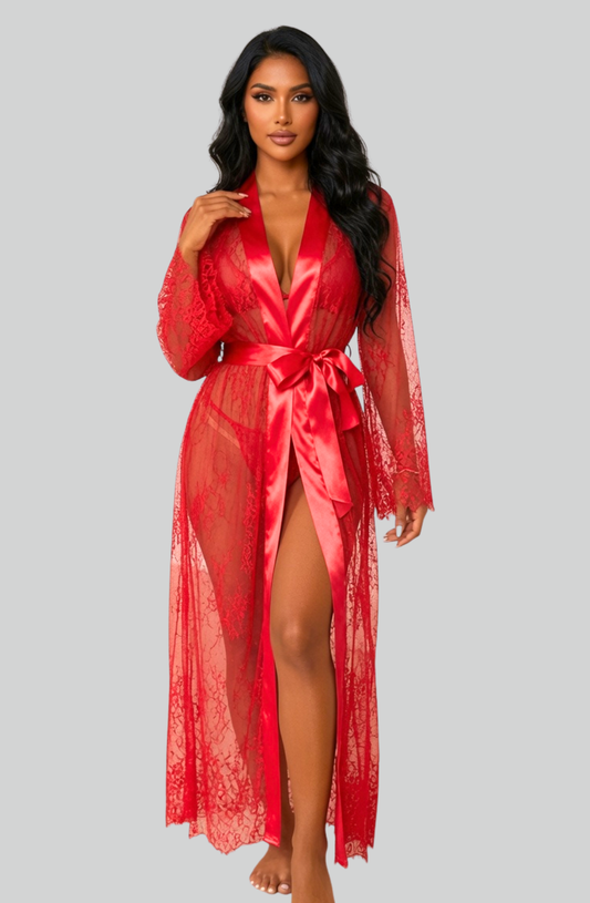 Valentina Sheer Lace Robe - Red