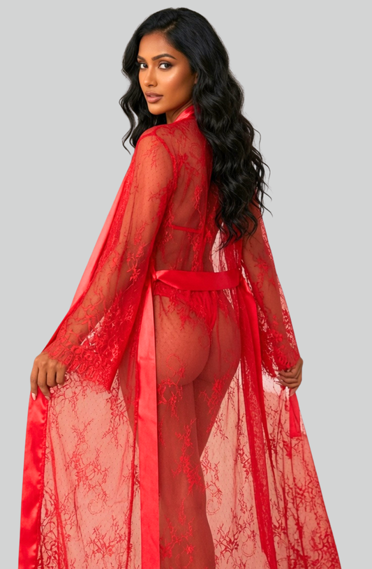 Valentina Sheer Lace Robe - Red