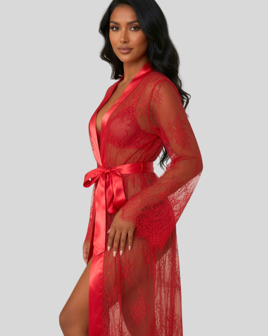 Valentina Sheer Lace Robe - Red