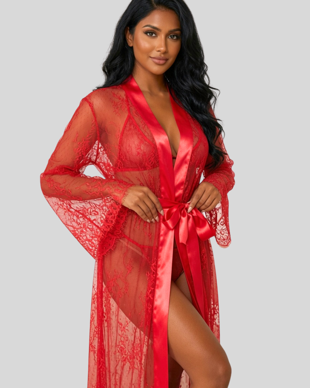Valentina Sheer Lace Robe - Red