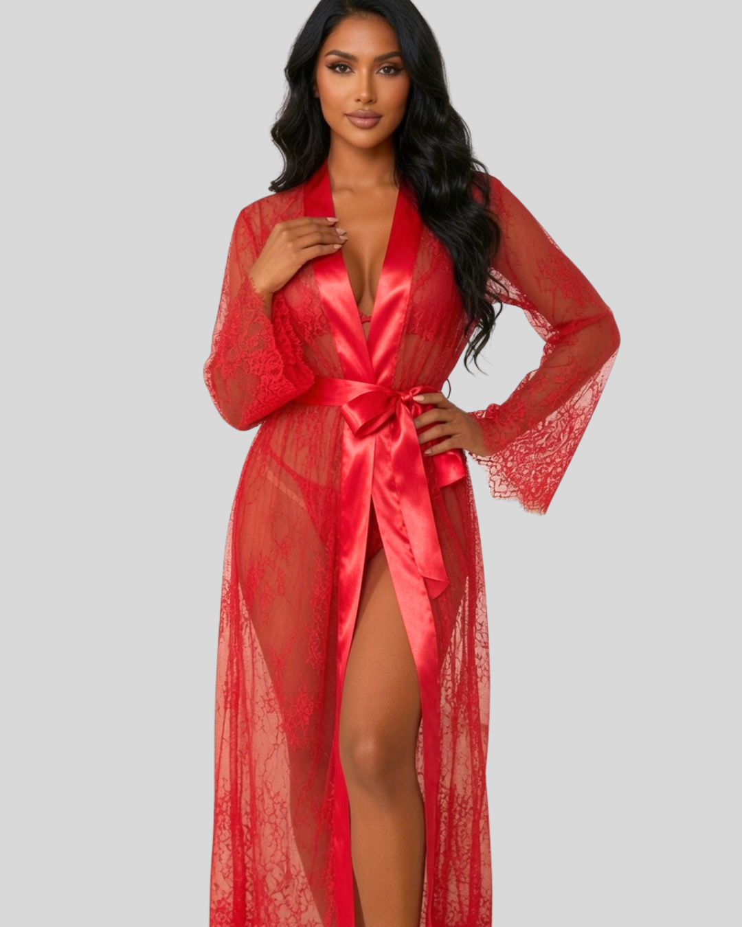 Valentina Sheer Lace Robe - Red