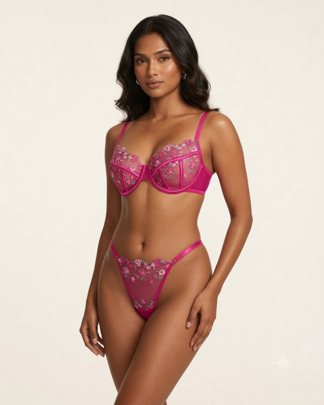 Velora Embroidered Bra and Panty Set - Hot Pink