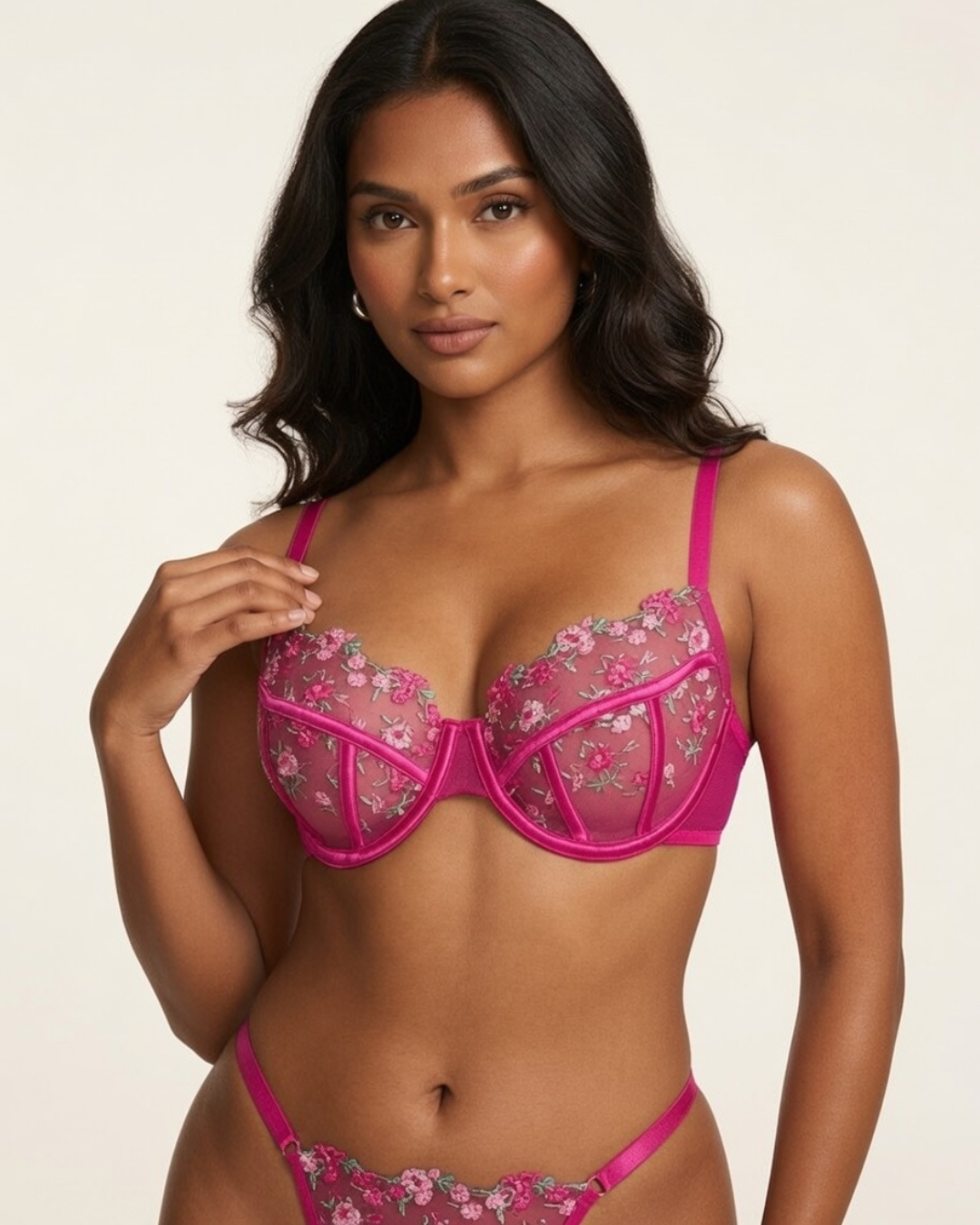 Velora Embroidered Bra and Panty Set - Hot Pink