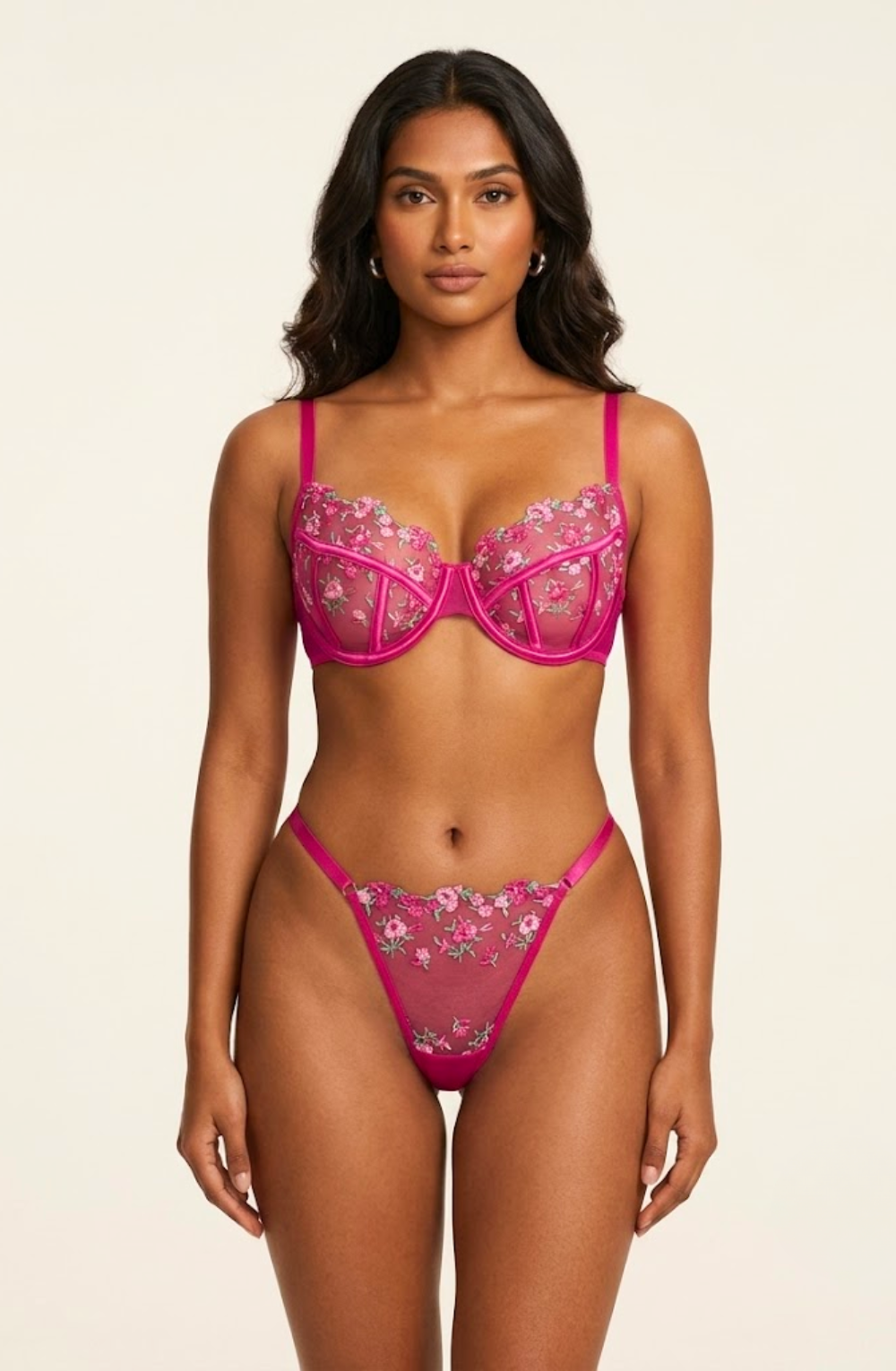 Velora Embroidered Bra and Panty Set - Hot Pink