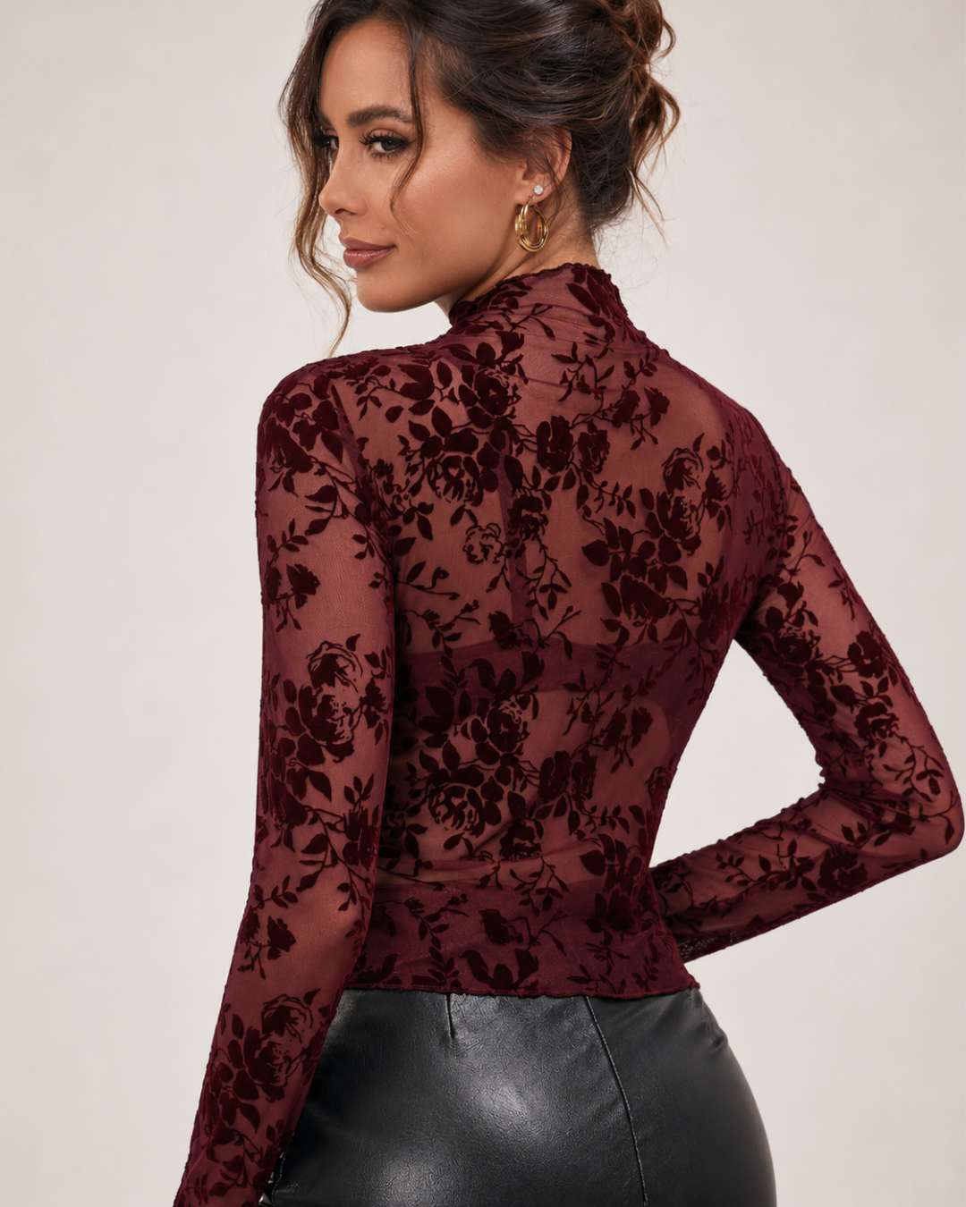 Velora Sheer Lace High Neck Top - Wine Red