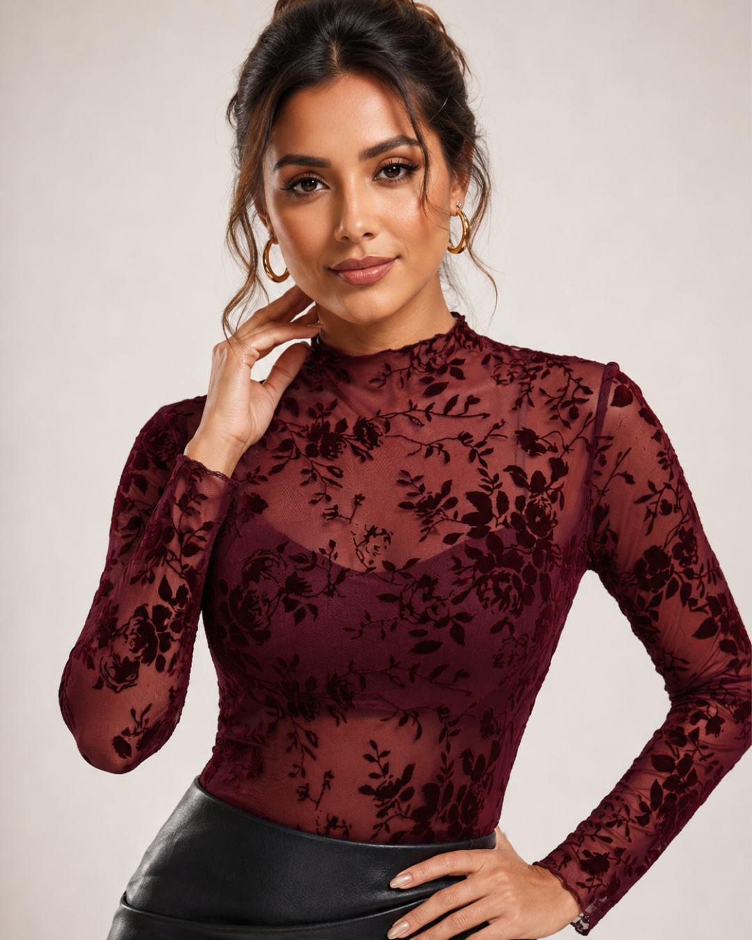 Velora Sheer Lace High Neck Top - Wine Red