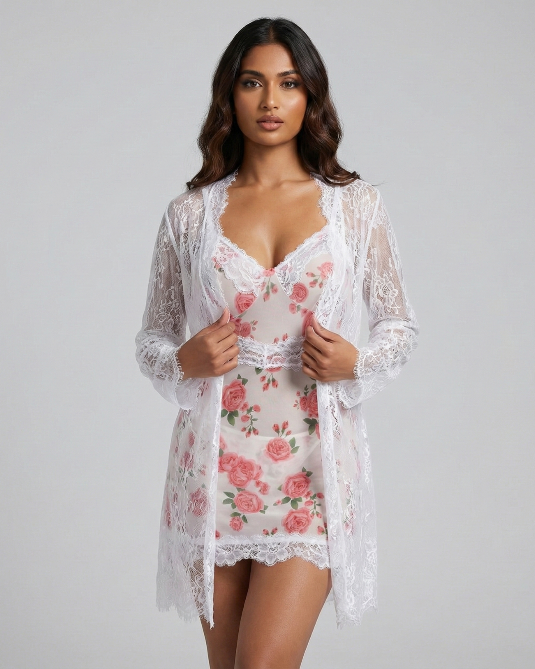 Vintage Rose Lace & Mesh Robe Set