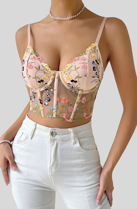 Floral Embroidery Corset Lace Crop Top