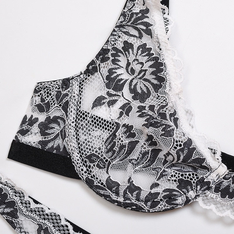 Deep-V Floral Embroidery Bra and Panty Set
